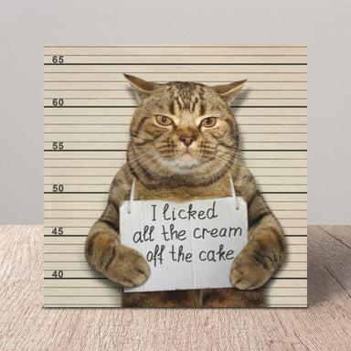 Cat standing in police lineup, holding sign reading: I licked all the cream off the cake.